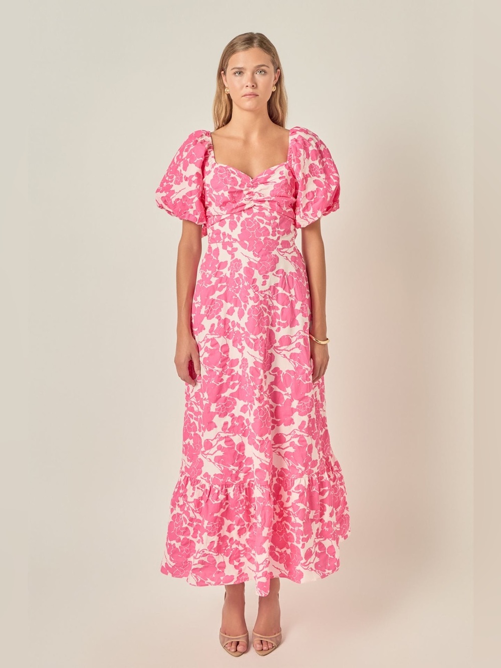 English Factory Pink Floral Puff-Sleeve Maxi Dress NWT